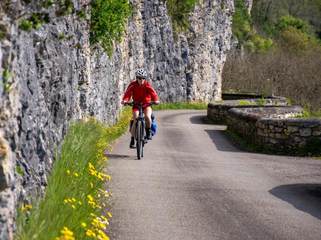 Cyclistes sur la véloroute V87 dans la côte de Gluges à Creys